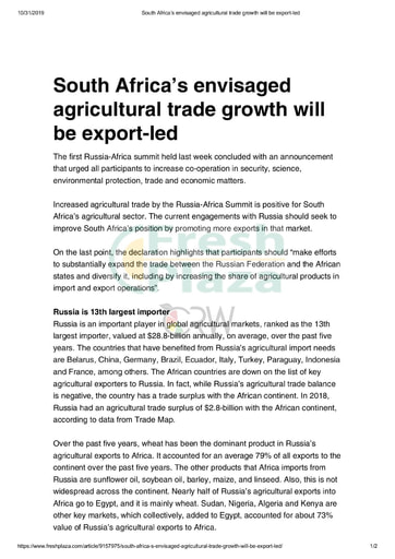 South Africa's envisaged agricultural trade growth will be export led