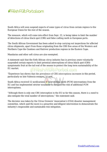 South Africa to suspend some citrus exports to EU