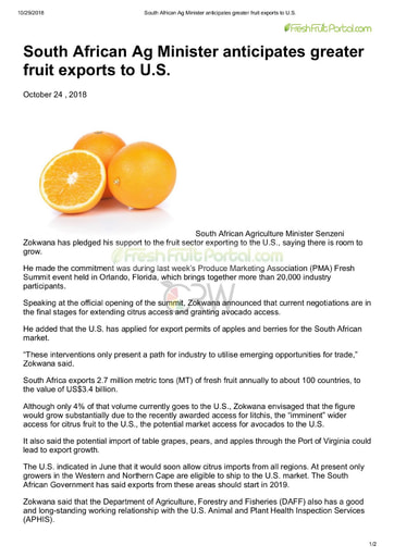 South African Ag Minister anticipates greater fruit exports to U.S.
