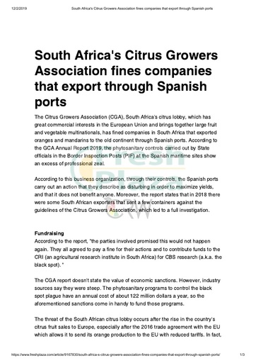 South Africa's CGA fines companies that export through Spanish ports