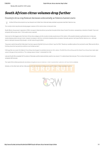 South African citrus volumes drop further