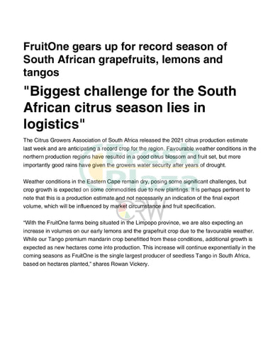 "Biggest challenge for the South African citrus season lies in logistics"