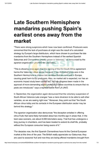 Late Southern Hemisphere mandarins pushing Spain's earliest ones...