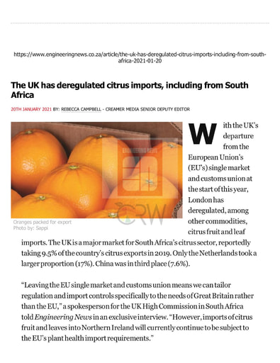 The UK has deregulated citrus imports including from South Africa