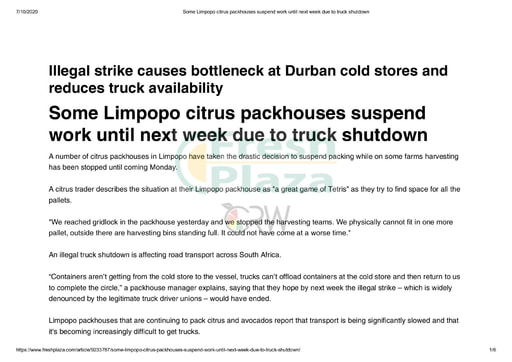 Some Limpopo citrus packhouses suspend work until next week due to truck shutdown