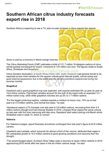 Southern African citrus industry forecasts export rise in 2018