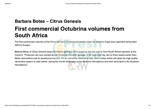 First commercial Octubrina volumes from South Africa