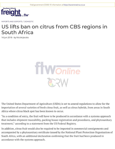 US lifts ban on citrus from CBS regions in South Africa