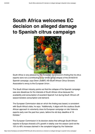 SA welcomes EC decision on alleged damage to Spanish citrus campaign