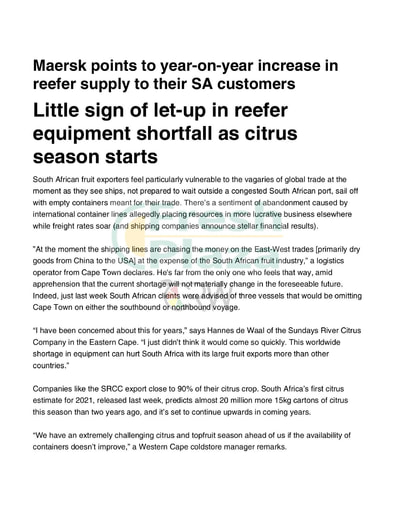 Little sign of let up in reefer equipment shortfall as citrus season starts
