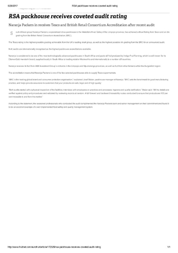 RSA packhouse receives coveted audit rating