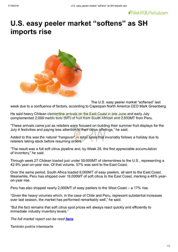 US easy peeler market "softens" as SH imports rise