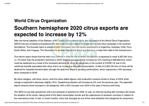 Southern hemisphere 2020 citrus exports are expected to increase by 12%