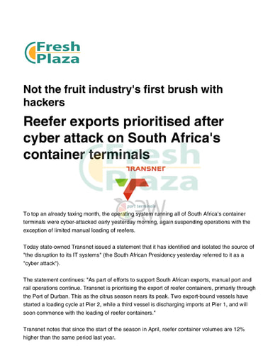 Reefer exports prioritised after cyber attack on S Africa's container terminals