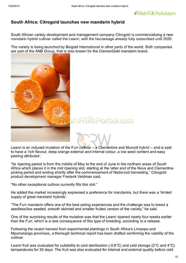 South Africa: Citrogold launches new mandarin hybrid