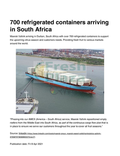 700 refrigerated containers arriving in South Africa