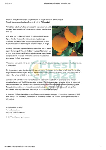 SA citrus suspension to safeguard critical EU market