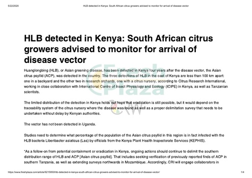 HLB detected in Kenya: South African citrus growers advised to monitor...