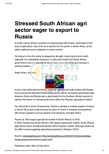 Stressed South African agri sector eager to export to Russia