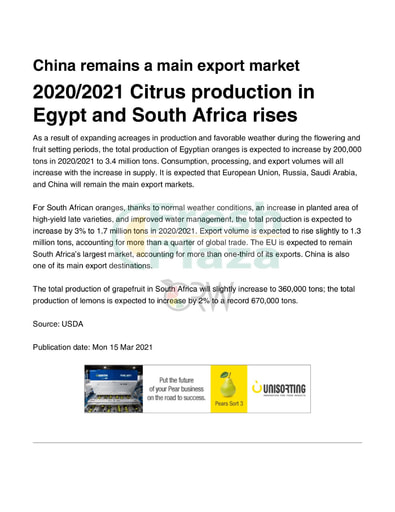 2020/2021 Citrus production in Egypt and South Africa rises