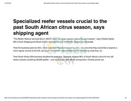 Specialized reefer vessels crucial to the past South African citrus season