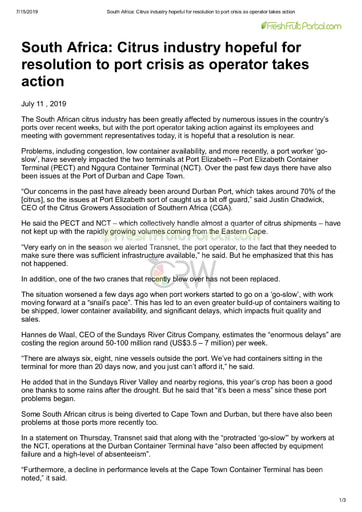 South Africa: Citrus industry hopeful for resolution to port crisis as operator takes action