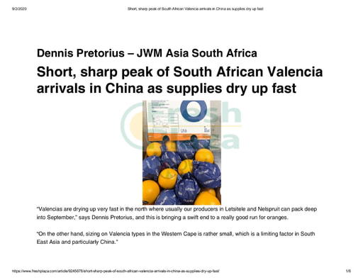 Short sharp peak of South African Valencia arrivals in China...