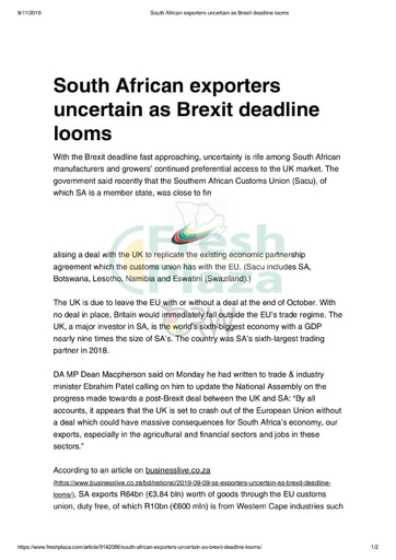 South African exporters uncertain as Brexit deadline looms