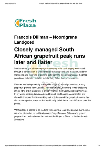 Closely managed South African grapefruit peak runs later and flatter