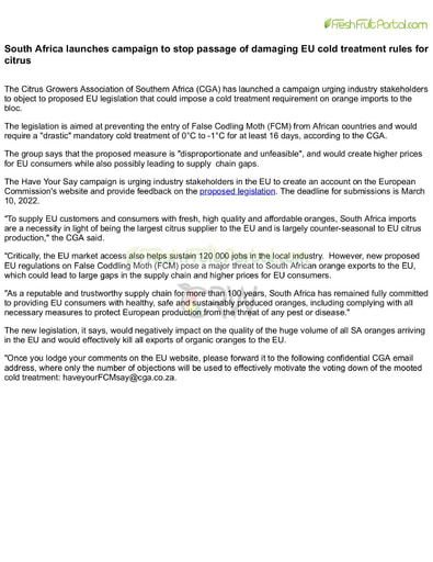 South Africa launches campaign to stop passage of damaging EU cold treatment rules for citrus
