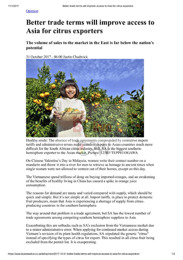 Better trade terms will improve access to Asia for citrus exporters