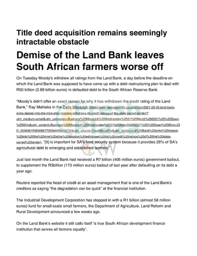 Demise of the Land Bank leaves South African farmers worse off