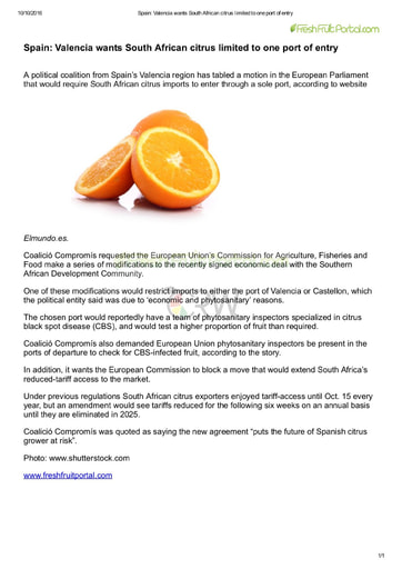 Spain: Valencia wants South African citrus limited to one port of entry