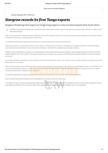 Stargrow records its first Tango exports