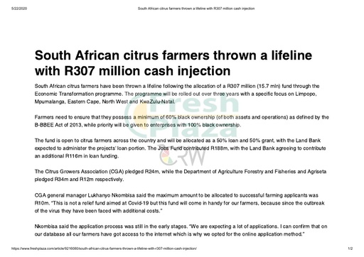 South African citrus farmers thrown a lifeline with R307 million cash injection