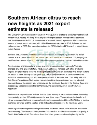 SA citrus to reach new heights as 2021 export estimate is released