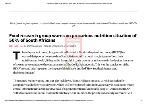 Food research group warns on precarious nutrition situation...