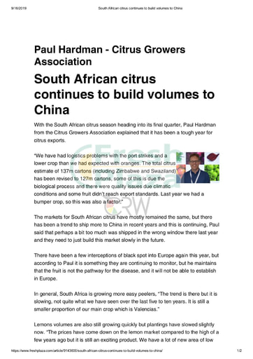 South African citrus continues to build volumes to China
