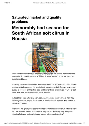 Memorably bad season for South African soft citrus in Russia