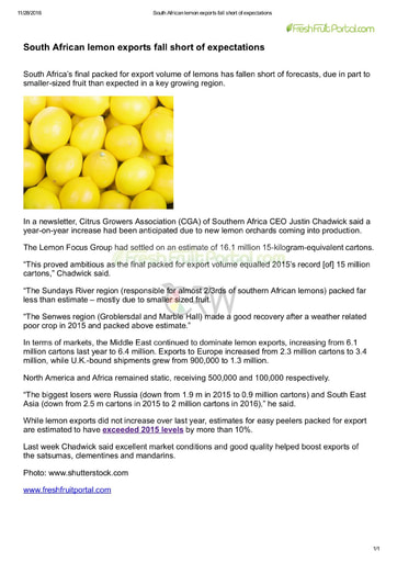 South African lemon exports fall short of expectations