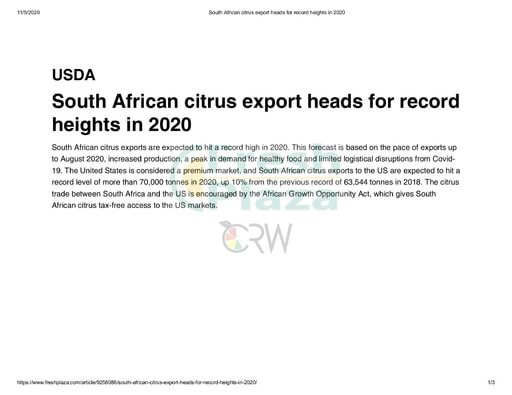 South African citrus export heads for record heights in 2020