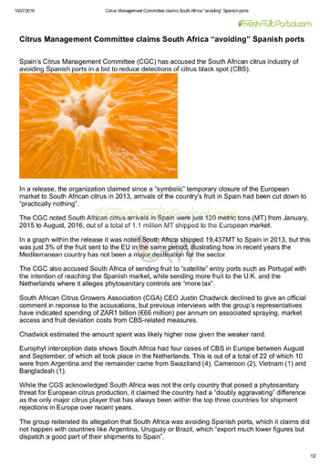 Citrus Management Committee claims South Africa "avoiding" Spanish ports