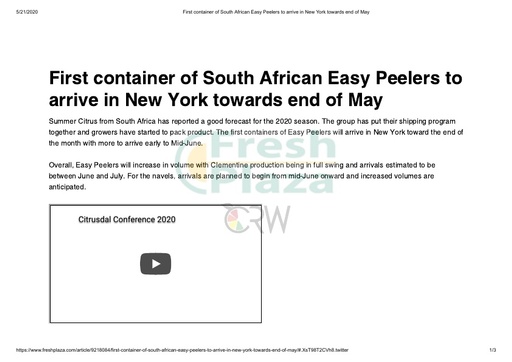 First container of South African Easy Peelers to arrive in New York towards end of May