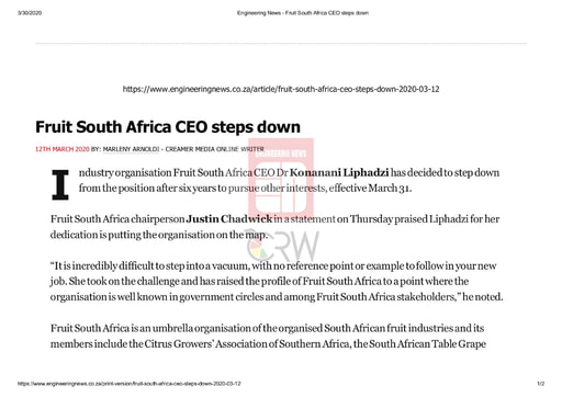Fruit South Africa CEO steps down