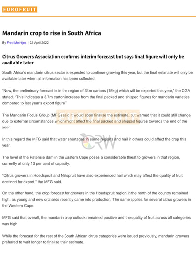 Mandarin crop to rise in South Africa