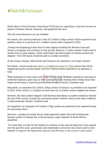 South Africa releases export forecast for oranges lemons and grapefruit
