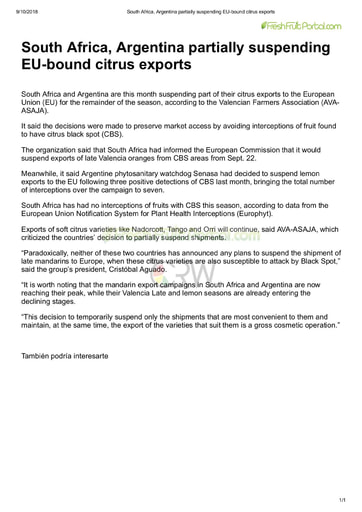 South Africa: Argentina partially suspending EU bound citrus exports