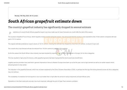 South African grapefruit estimate down