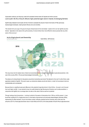 Land audit: 46.5% of South Africa's high-potential agric land in hands of emerging farmers