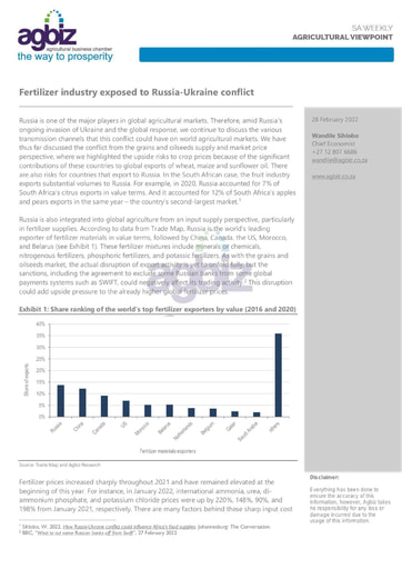 Fertilizer industry exposed to Russia-Ukraine conflict